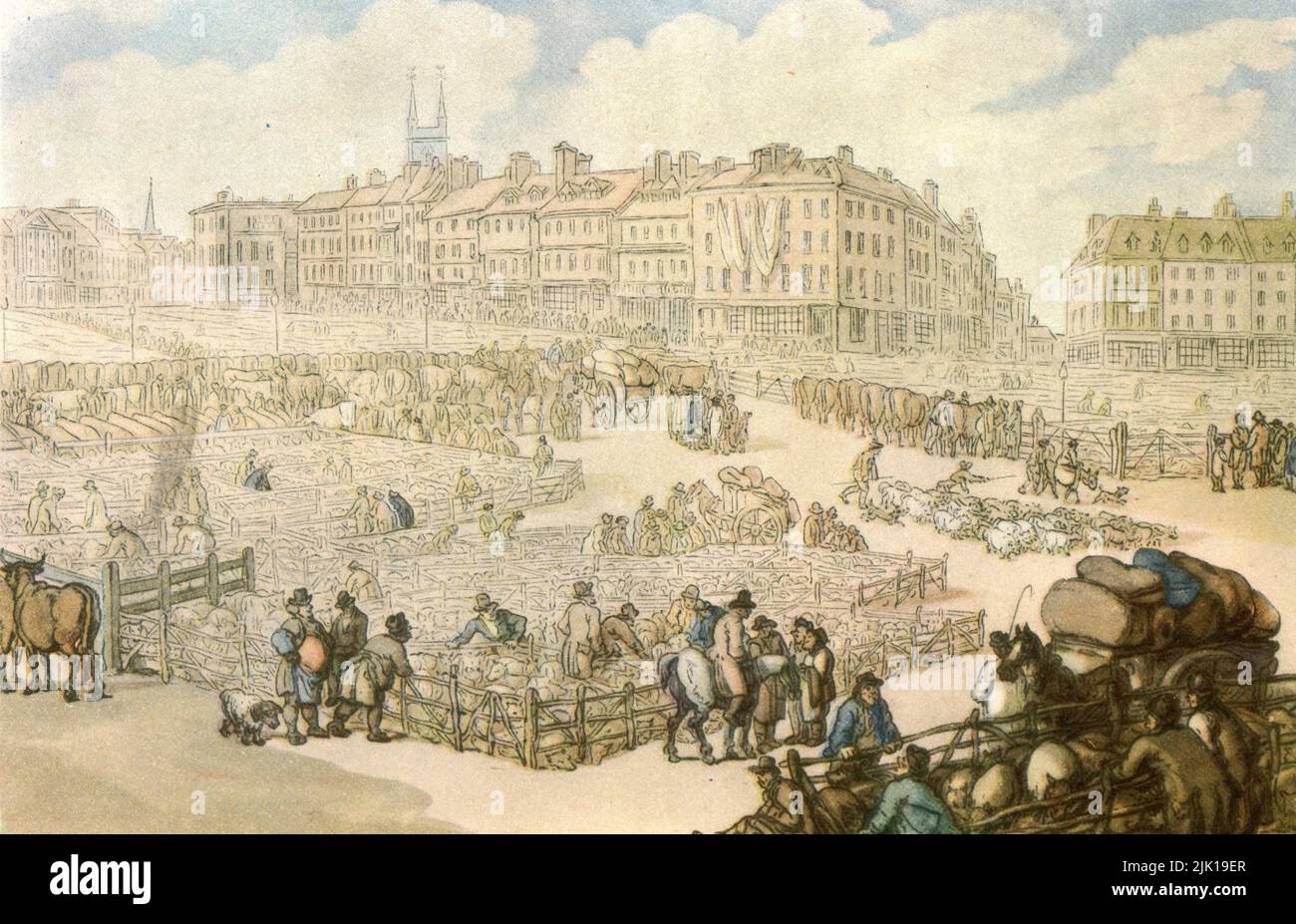 Smithfield Meat Market, c1815. Von Thomas Rowlandson (1756-1827). Smithfield Fleischmarkt stammt aus dem 10.. Jahrhundert und ist seit dem Mittelalter in kontinuierlichem Betrieb. Heute ist Smithfield, Londons einziger verbleibender Großhandelsmarkt, die Hauptstraße von Smithfield, West Smithfield. Stockfoto