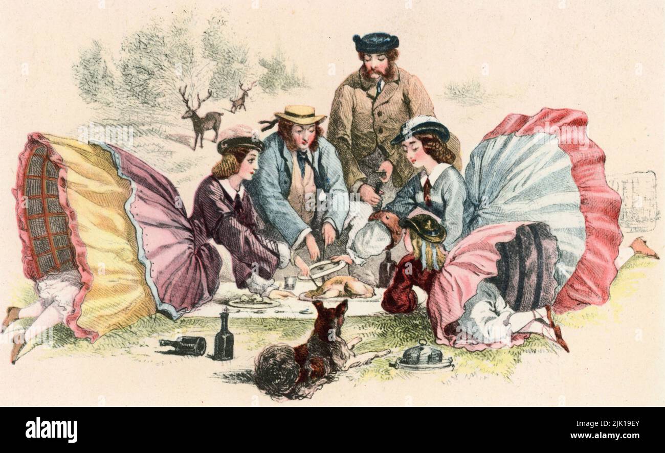 Ein viktorianisches Picknick, c1860. Die Engländer ließen das "Jägermahl" bis nach 1806 unbenannt, als sie begannen, die meisten Mahlzeiten im Freien als Picknick zu bezeichnen. Das Picknick wurde im Laufe des 19.. Jahrhunderts immer beliebter. Die Picknickmenüs im „Book of Household Management“ von Frau Beeton, 1861, sind aufwendig und extravagant. Stockfoto