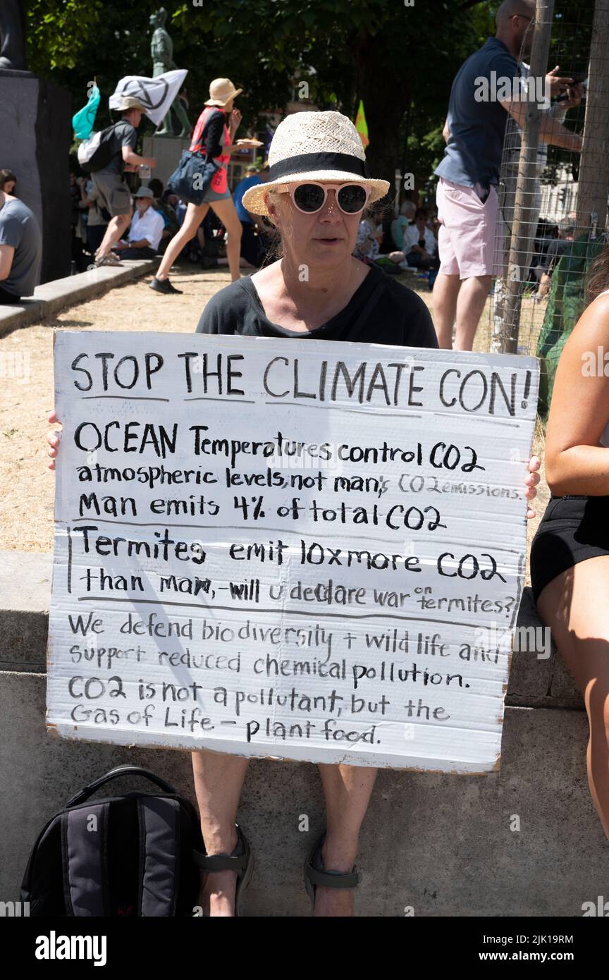 Am 23. 2022. Juli forderten eine Reihe von Leugnern des Klimawandels Just Stop Oil-Aktivisten auf dem Parliament Square heraus. Stockfoto