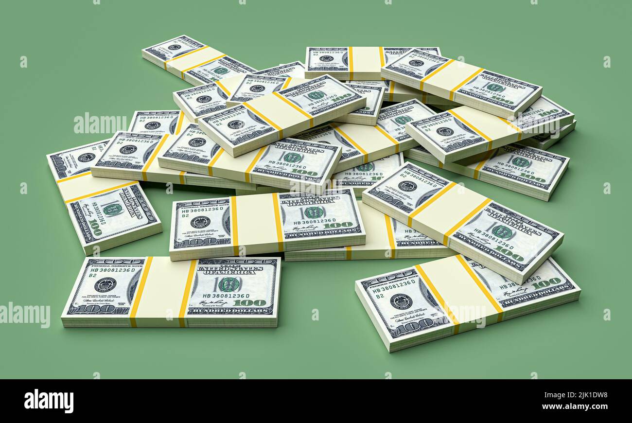 Große Geldstapel aus Dollar. Konzept der US-Dollar-Finanzierung. 3D Rendern Stockfoto