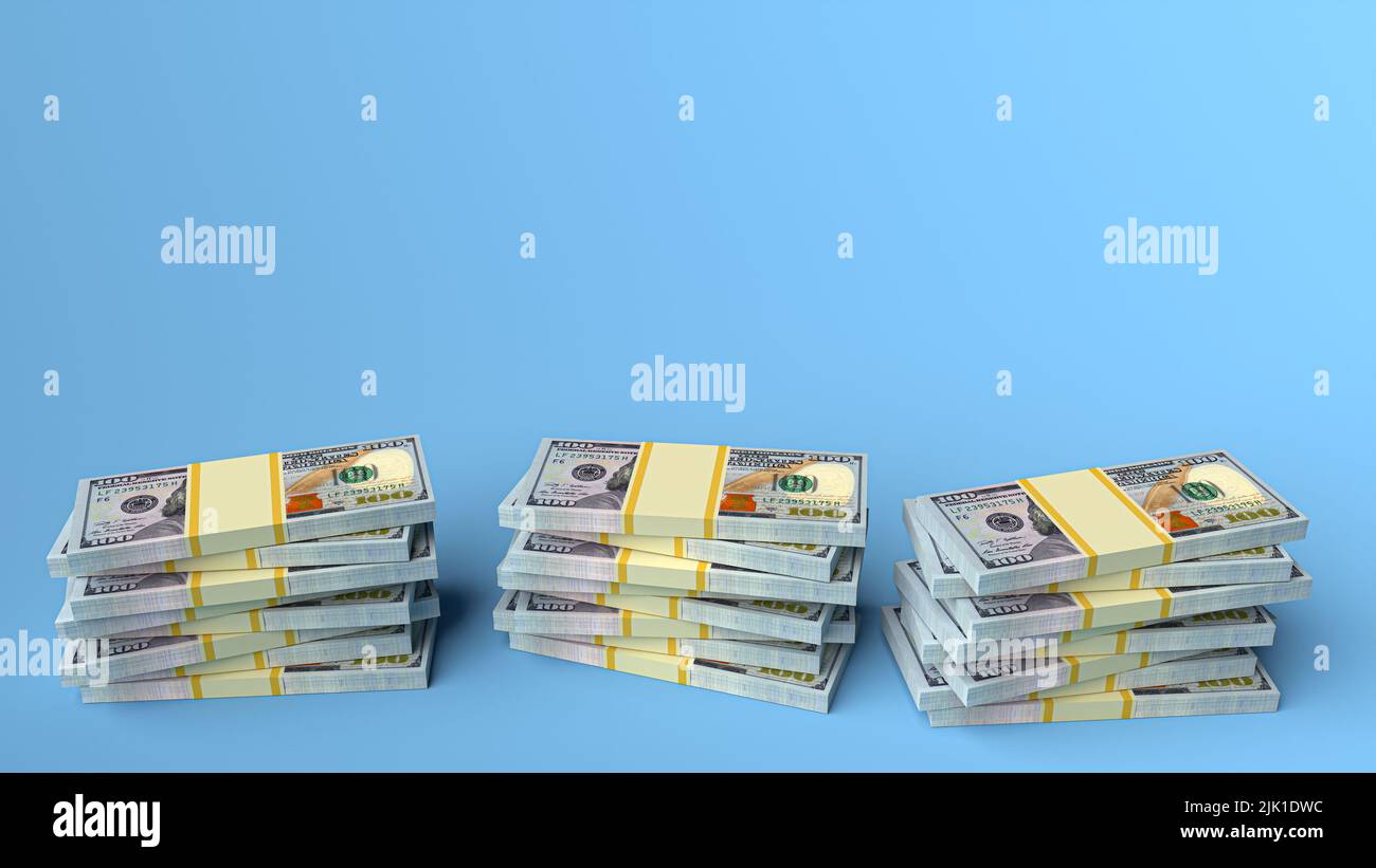 Große Geldstapel aus Dollar mit leerem Hintergrund. Konzept der US-Dollar-Finanzierung. 3D Rendern Stockfoto