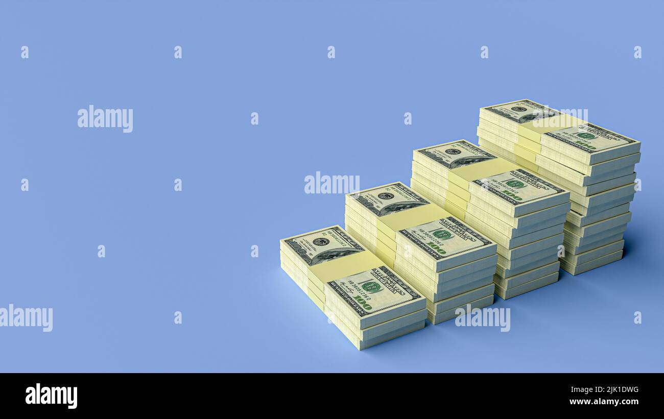Große Geldstapel aus Dollar. Konzept der US-Dollar-Finanzierung. 3D Rendern Stockfoto