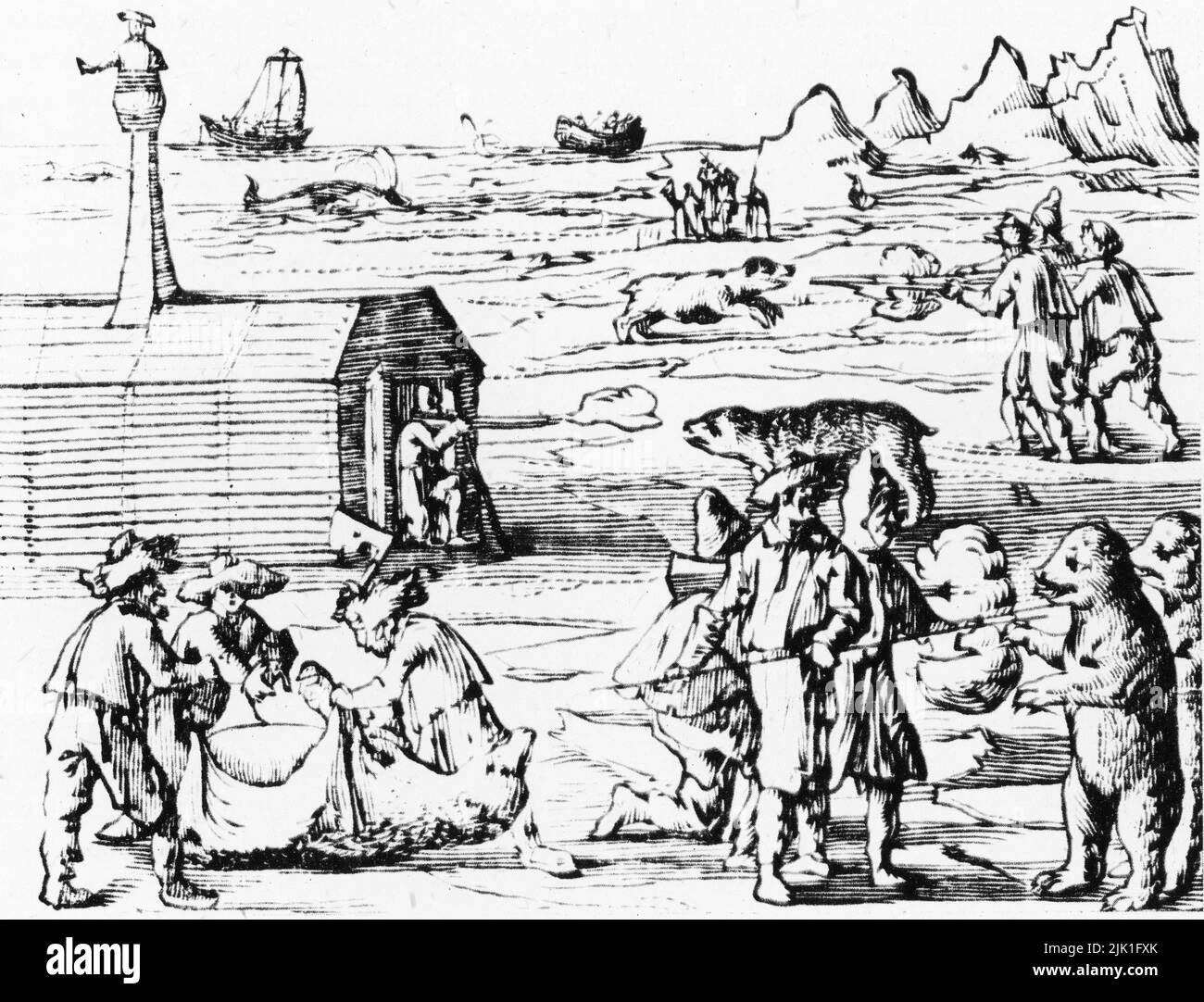 Spitzbergen: Angriff durch Eisbären, 1634. Holzschnitt aus der Zeitschrift von Jacob Segersz van der Brugge. Jacob Segersz van der Brugge veröffentlichte seine Zeitschrift kurz nach seiner Rückkehr vom Walfang im Jahr 1634. Ab 1617 begann ein dänisch gechartertes Unternehmen, Walfangflotten nach Spitzbergen zu schicken. Spitzbergen ist die größte und einzige dauerhaft besiedelte Insel des Spitzbergen-Archipels in Norwegen. Stockfoto