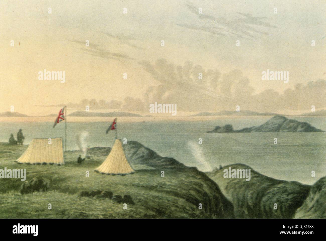 Blick auf das Artische Meer von der Mündung des Copper Mine River, Mitternacht, Juli 1821. Von Edward Francis Finden (1791-1857), nach Sir George Back (1796-1878). Die Coppermine Expedition von 1819–22 war eine Erkundung der Nordküste Kanadas, geleitet von Sir John Franklin (1786-1847). Sein Ziel war es, über den Coppermine River unvermietete Gebiete in der Nordwestpassage zu entdecken und zu kartieren. Franklin hat die Reise in einer „Erzählung einer Reise an die Küste des Polarmeeres“, 1823, aufgezeichnet. Stockfoto