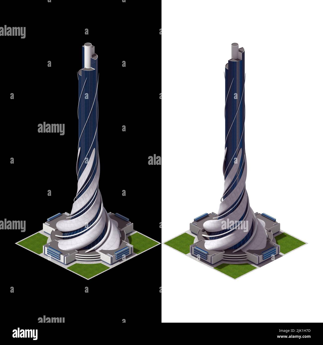 Futuristische Architektur für ein quadratisches gefliestes Spiel, das in dimetrischer Projektion mit einem Verhältnis von 2:1 Pixeln dargestellt wird, mit einer orthographischen Eckkamera von 30 Grad aus dem 2-Winkel Stockfoto