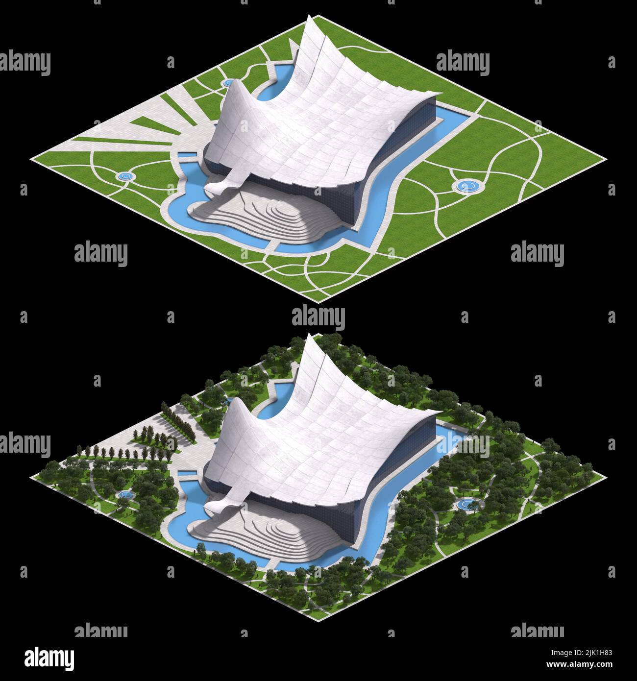 Futuristische Architektur für ein gefliestes Spiel in dimetrischer Projektion mit einer 30-Grad-orthographischen Kamera, mit und ohne Landschaft. Die Clippin Stockfoto