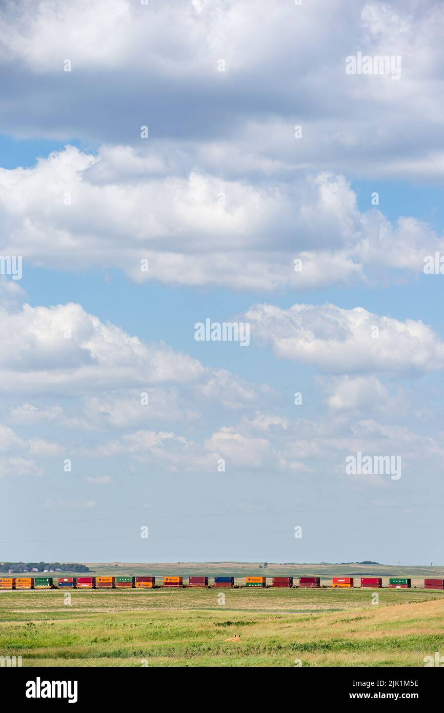 Landschaft eines Güterzuges mit der Lichtbrechung von Hitzewellen, die an einem heißen Sommertag in der Nähe von Medina, North Dakota, durch die Prärie der Great Plains fahren Stockfoto