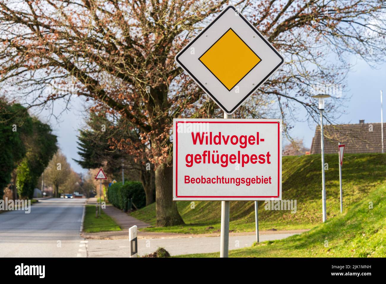 Warnschild Geflügelpest an einer Landstraße in Norddeutschland Stockfoto