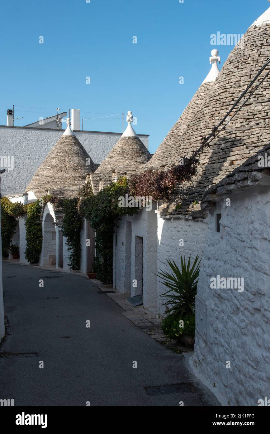 Ikonische Wohnhäuser im historischen Trulli-Viertel in Alberobello, Italien Stockfoto
