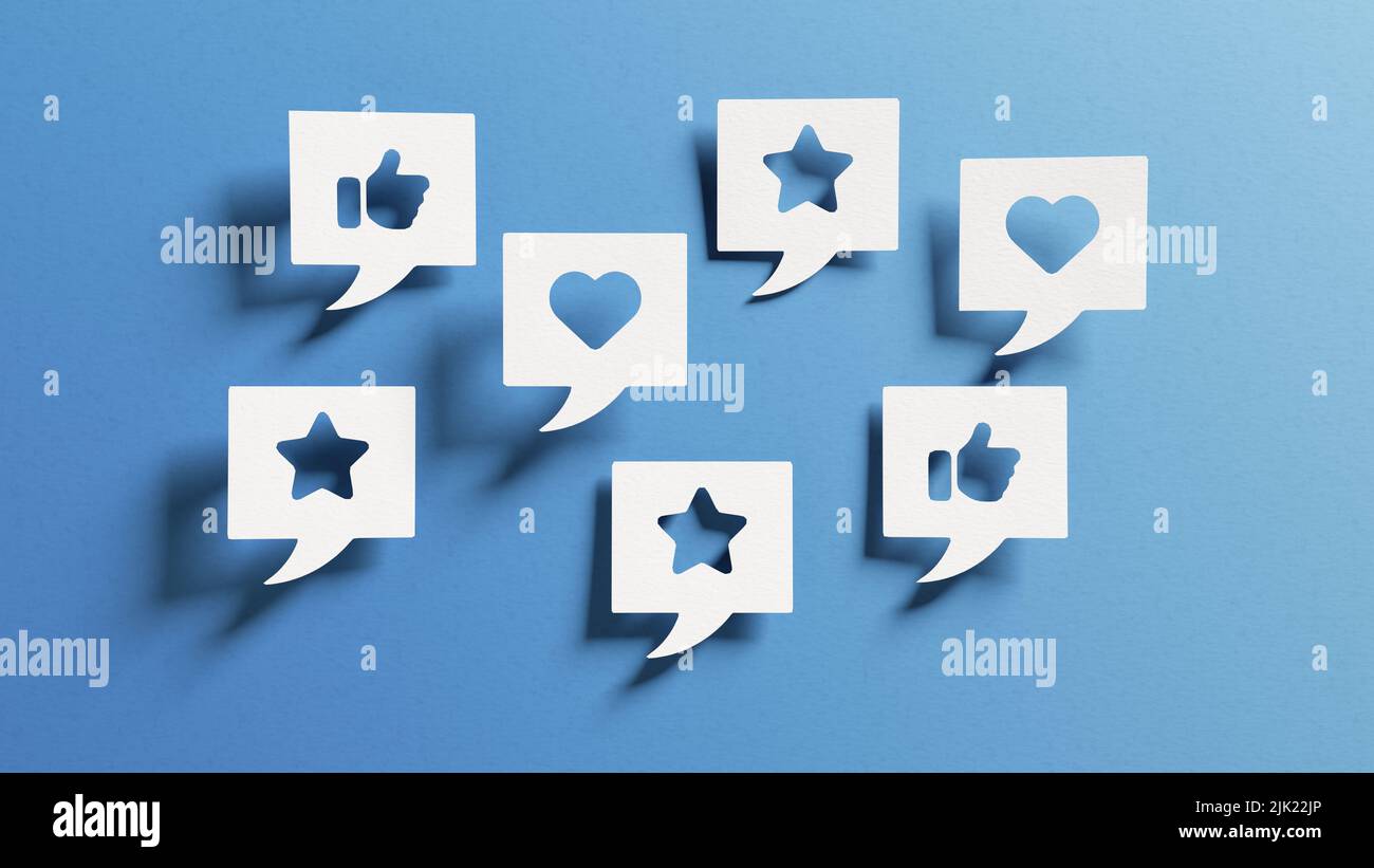 Social-Media-Interaktionskonzept mit Ikonen von Like, Love und Star in Sprechblasen. Online-Netzwerkwerbung, Impressionen und digitales Marketing. Stockfoto