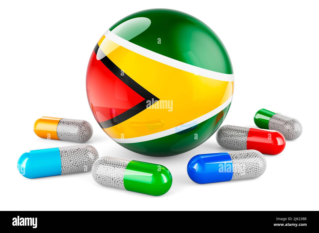Pillen Kapsel mit guyanesischer Flagge. 3D Darstellung isoliert auf weißem Hintergrund Stockfoto