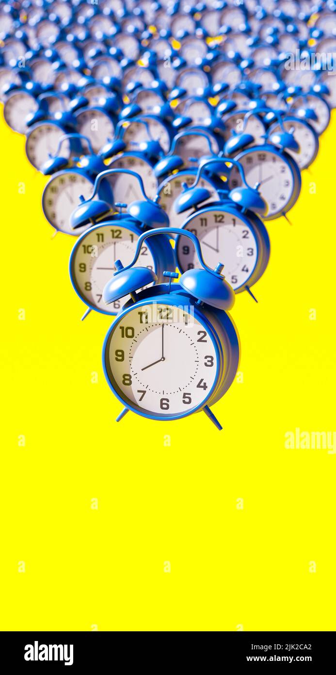 Blaue Wecker auf leuchtend gelben Hintergrund vertikale Zusammensetzung 3D Rendern 3D Abbildung Stockfoto