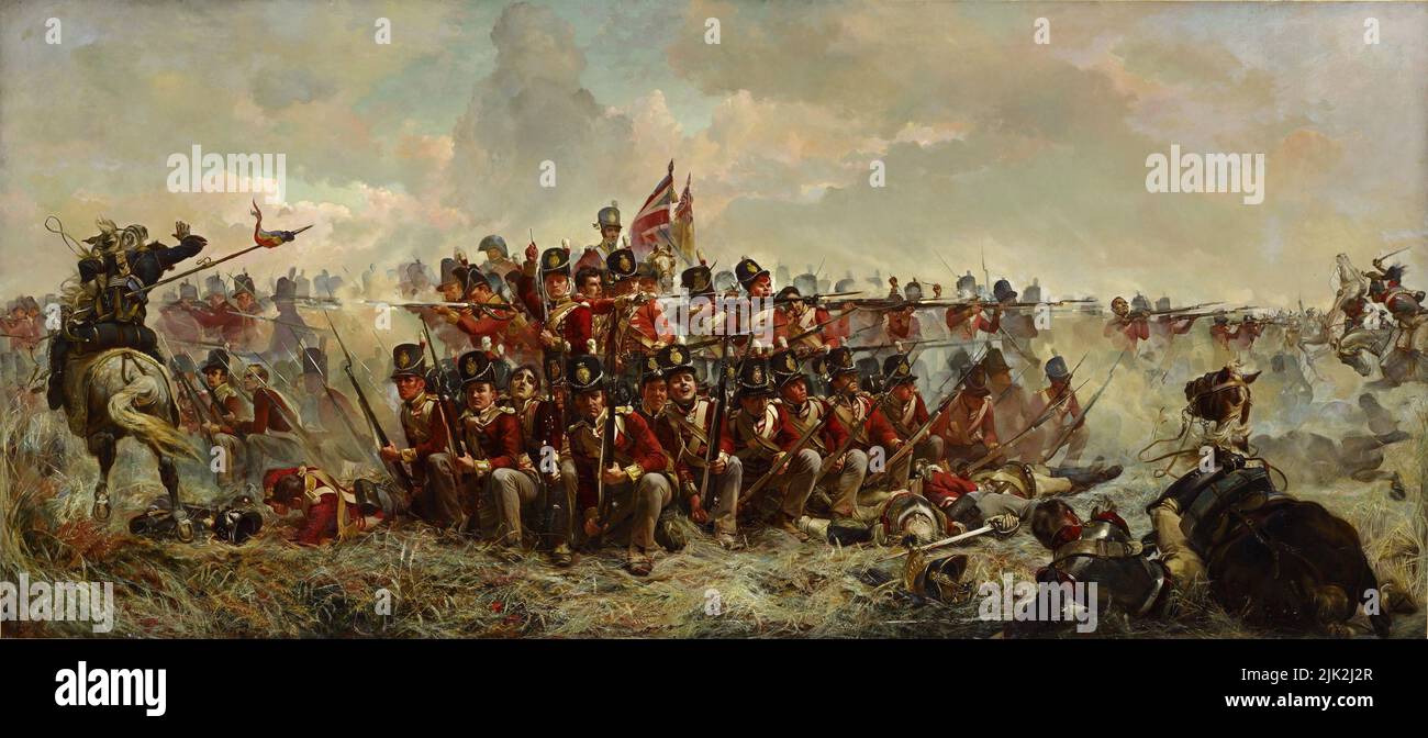 Das Regiment 28. in Quatre Bras während der Schlacht von Waterloo. Gemalt von Lady Butler (Elizabeth Thompson) Stockfoto