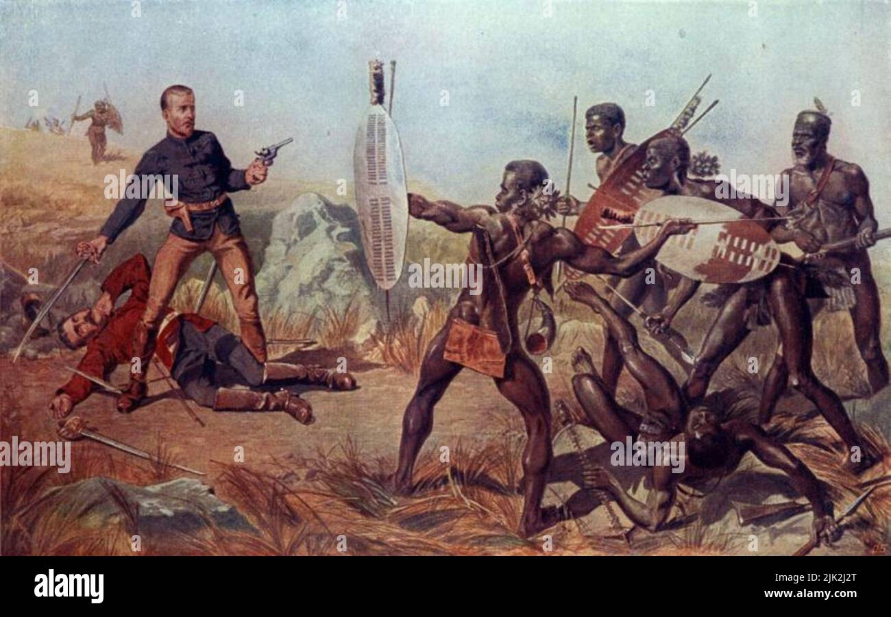 Leutnant Teignmouth Melvill und Leutnant Nevill Josiah Aylmer Coghill wurden von Zulu-Kriegern angegriffen. Beide wurden bei dem Versuch, die Farbe der Königin des Bataillons von 1. bei der Schlacht von Isandlwana am 22. Januar 1879 zu retten, getötet. Stockfoto