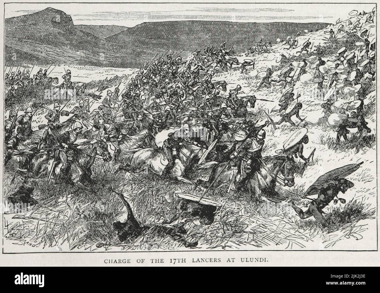 Die 17. Lancer laden den Zulus während der Schlacht von Ulundi auf Stockfoto