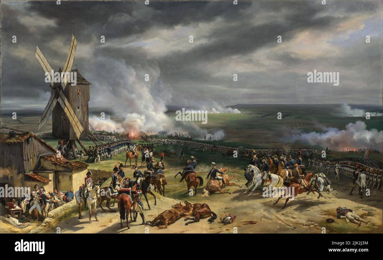 Die Schlacht von Valmy von Emile-Jean-Horace Vernet. Die weiß-uniformierte Infanterie rechts sind Stammgäste, während die blau gestrichenen Reihen links die Bürgerfreiwilligen von 1791 repräsentieren. Das Moulin de Valmy wurde auf Befehl von Kellermann am Tag der Schlacht verbrannt. Dies war die erste Schlacht der Frenach nach der Revolution, und ihre unerwartete Niederlage der preußischen Armee war eine wichtige Rechtfertigung für die revolutionäre. Stockfoto