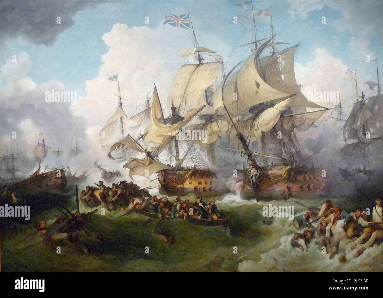 Der glorreiche erste Juni (1. Juni 1794), auch bekannt als die vierte Schlacht von Ushant, gemalt von Philip James de Loutherbourg. Dies war die größte Seeschlacht im Krieg der Ersten Koalition und führte zu einer Niederlage für die Franzosen. Stockfoto
