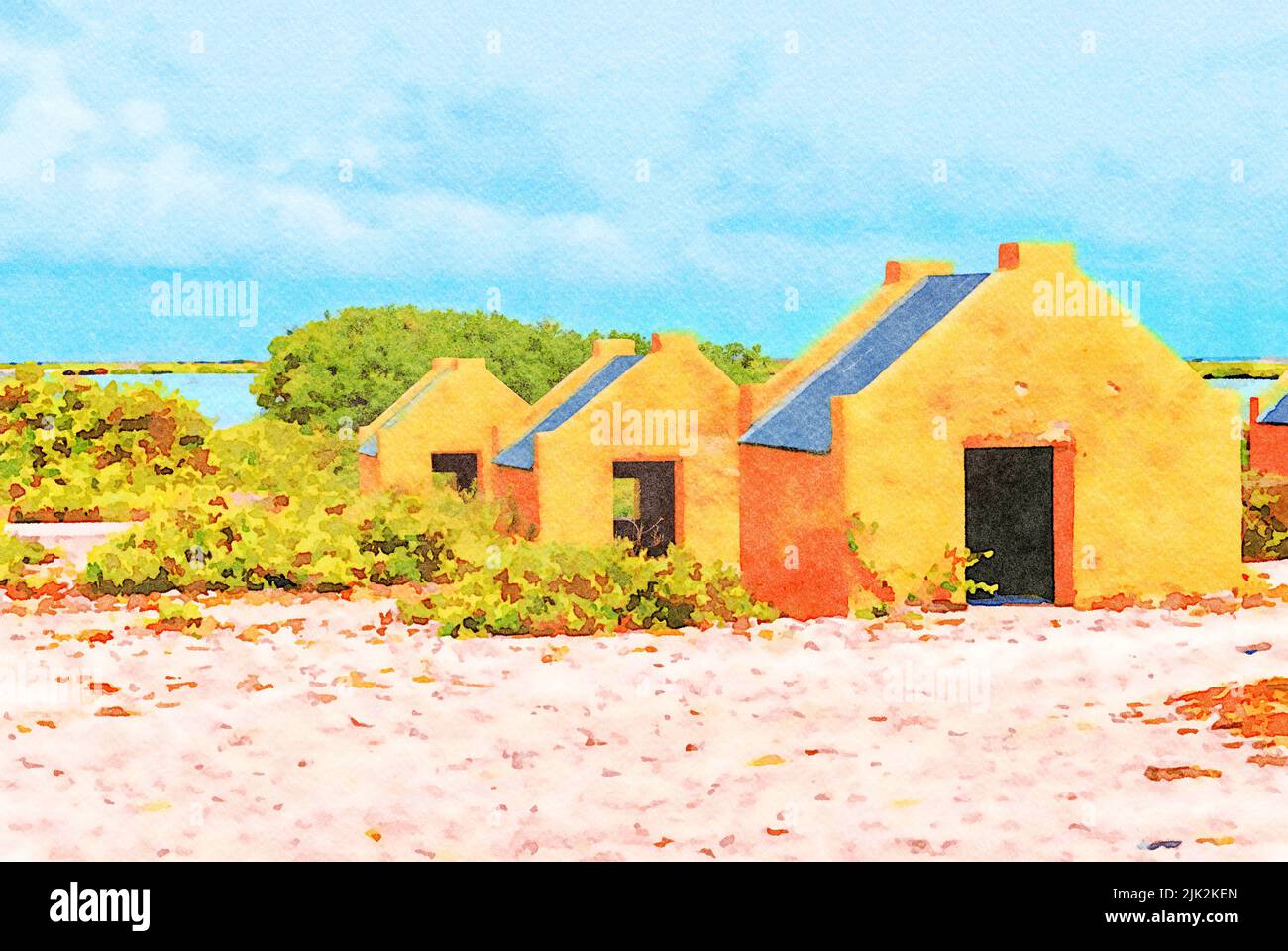 Digital erstellte Aquarellmalerei der historischen roten Sklavenhütten in Bonaire Stockfoto Digital erstellte Aquarellmalerei der historischen roten Sklavenhütten in Bonaire Stockfoto