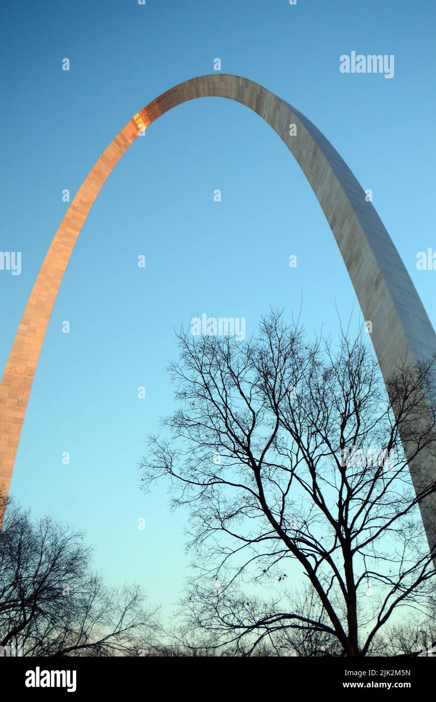 Der Gateway Arch erhebt sich über Winterbäumen in St. Louis und ist das Herzstück des Westward Expansion Memorial im Gateway Arch National Park Stockfoto