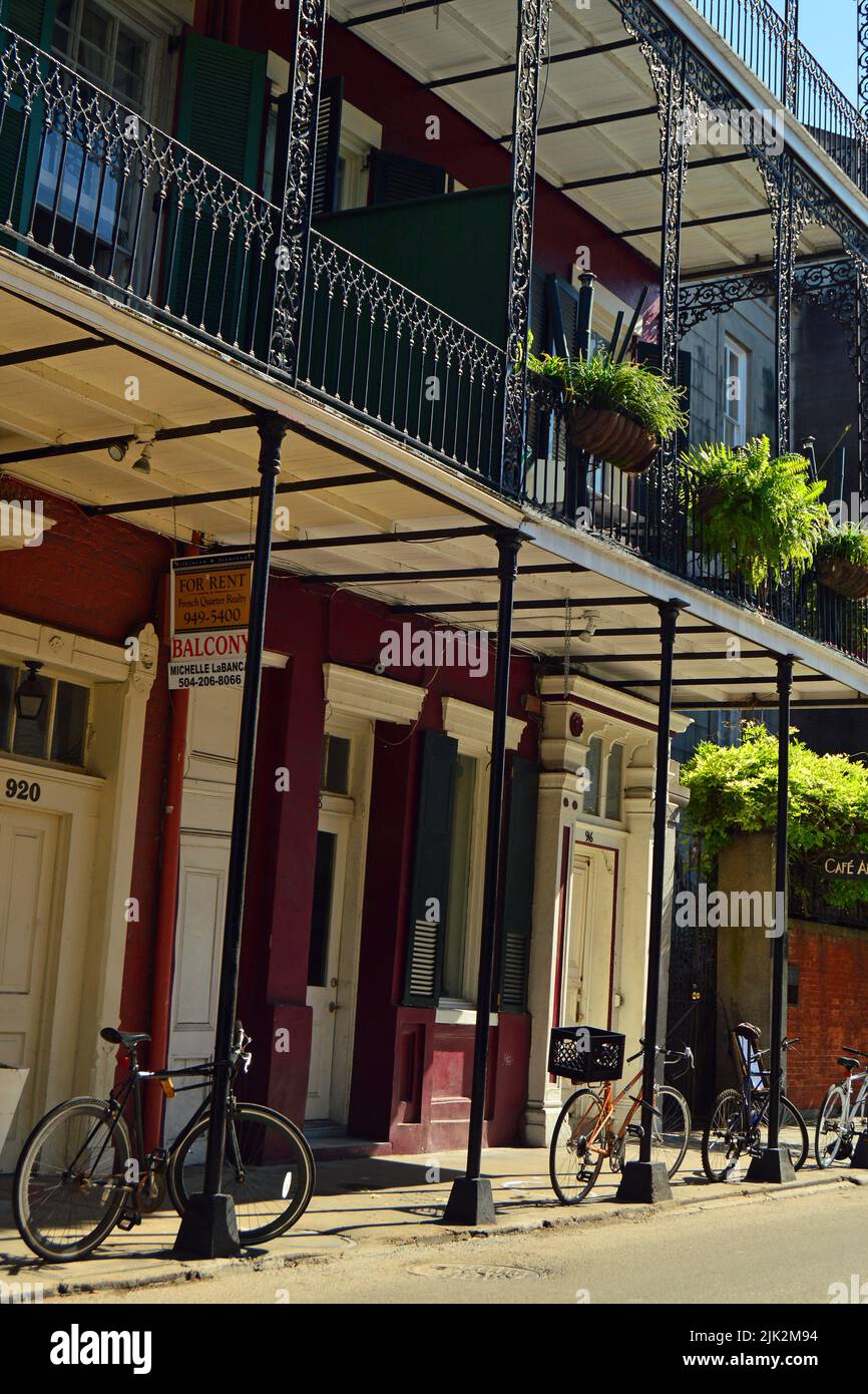 Unter hängenden Farnpflanzen werden Fahrräder an die historischen Pfosten im historischen New Orleans French Quarter angekettet Stockfoto