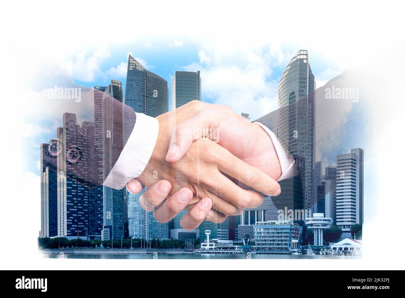 Doppelbelichtung Geschäftsmann Handshake auf moderne Stadtgebäude Finanzdistrikt und Handels-, Business-Partnerschaft erfolgreiche und strategische Plan c Stockfoto