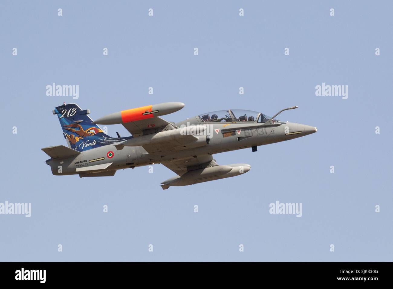 Die italienische Luftwaffe MB-339 verlässt RIAT 2022. Stockfoto