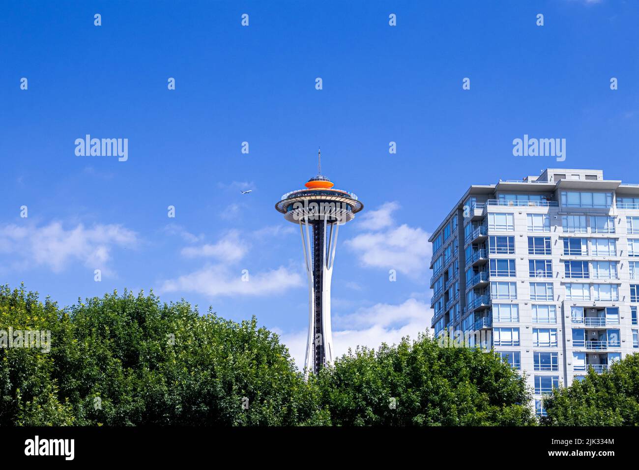 Blick auf die Weltraumnadel an sonnigen Sommertagen, Seattle Stockfoto