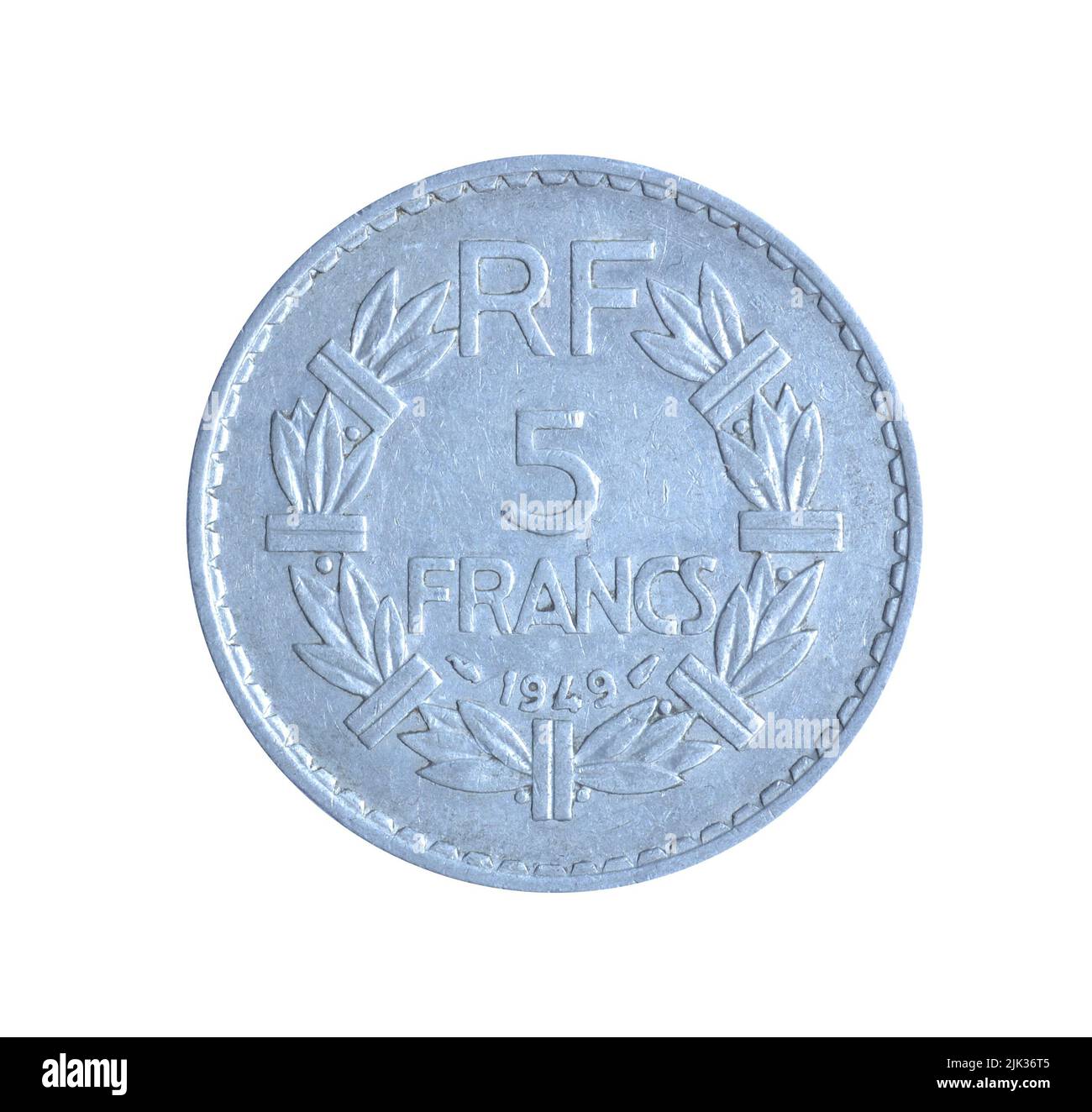 Fünf-Francs-Münze, die 1949 von Frankreich hergestellt wurde, die eine überstehende Denomination innerhalb eines abgetrennten Kranzes zeigt Stockfoto
