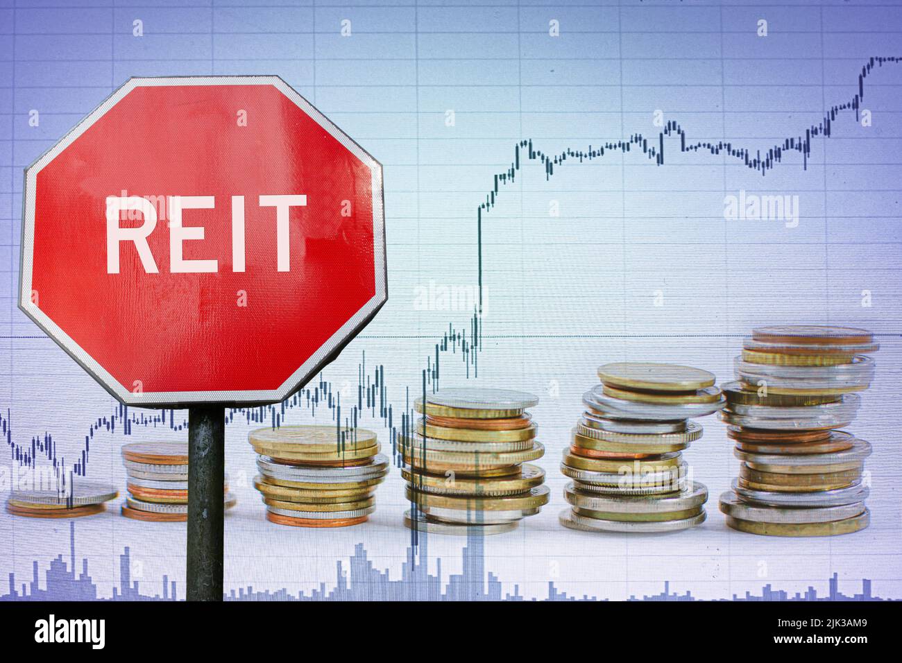 REIT-Zeichen auf Wirtschaftshintergrund mit Grafik und Münzen. Stockfoto