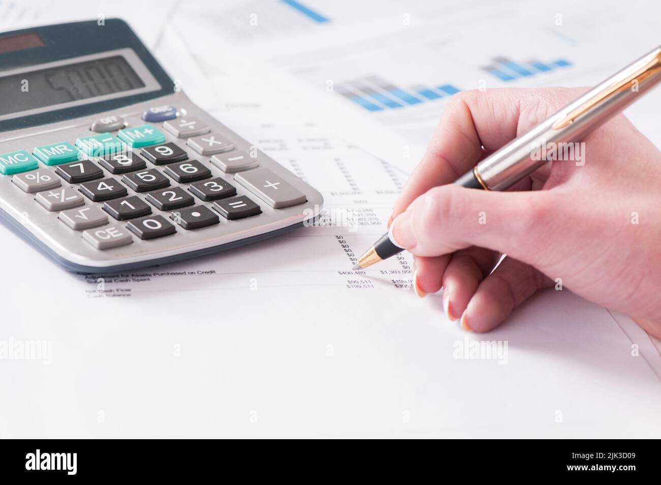 Tabellenkalkulation mit Hand halten Stift und Rechner in der Business Stock Bilanz.Corporate Finance Abteilung. Stockfoto