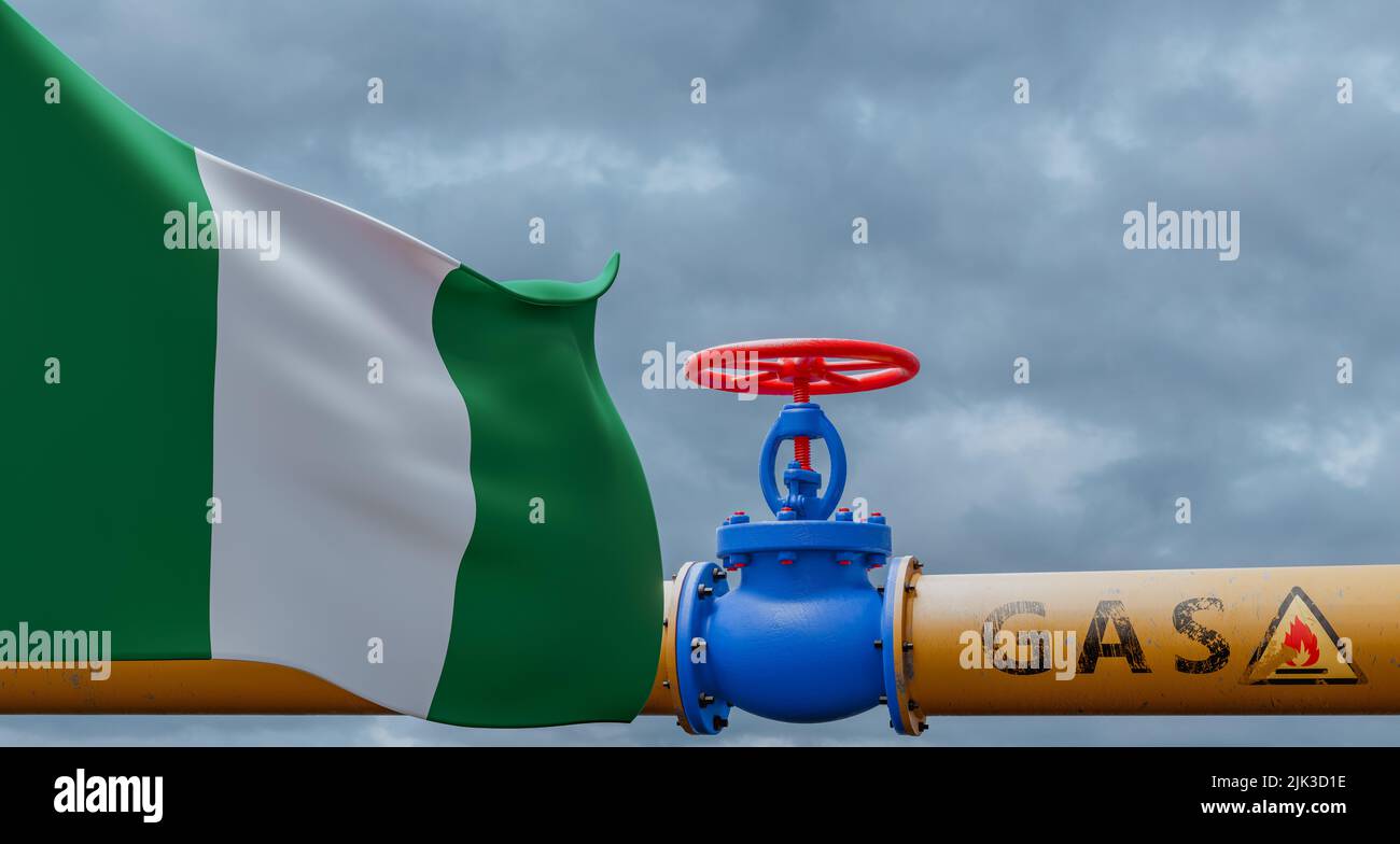 Nigeria Gas, Ventil an der Hauptgaspipeline Nigeria, Pipeline mit Flagge Nigeria, Gasleitungen aus Nigeria, 3D Arbeit und 3D Bild Stockfoto