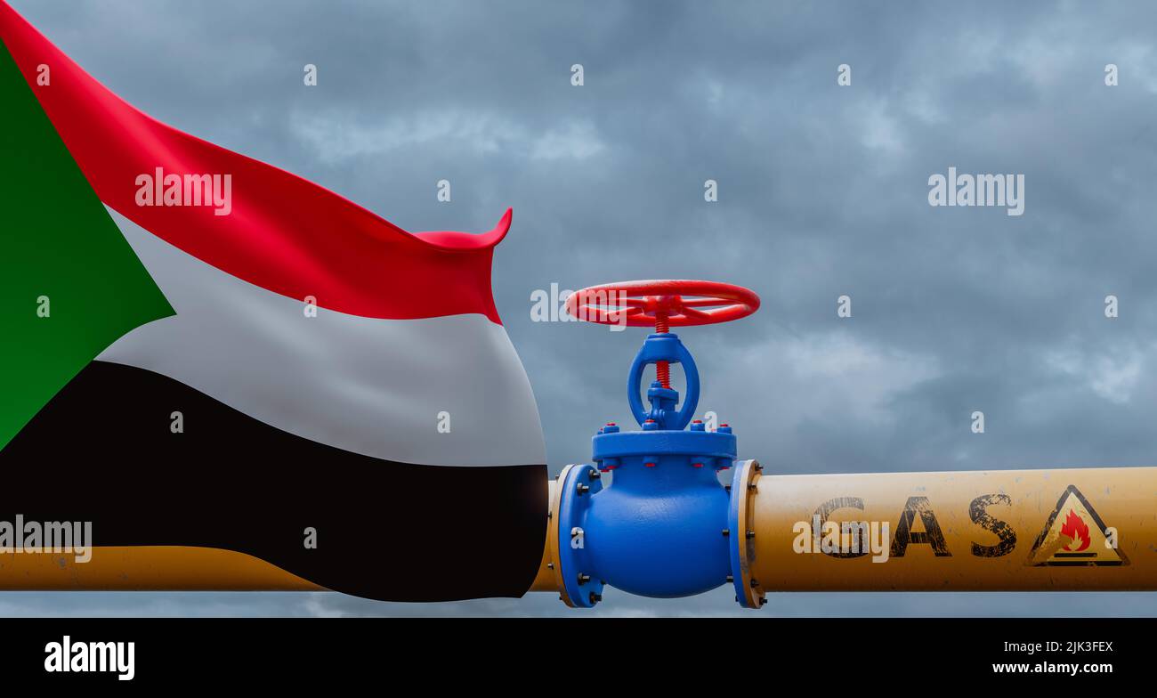 Sudan Gas, Ventil an der Hauptgaspipeline Sudan, Pipeline mit Flagge Sudan, Gasleitungen aus dem Sudan, 3D Arbeit und 3D Bild Stockfoto