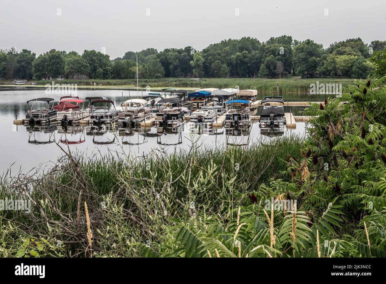 Marina am South Center Lake in Lindstrom, Minnesota, USA, eingerahmt von Grün und Sträuchern. Stockfoto