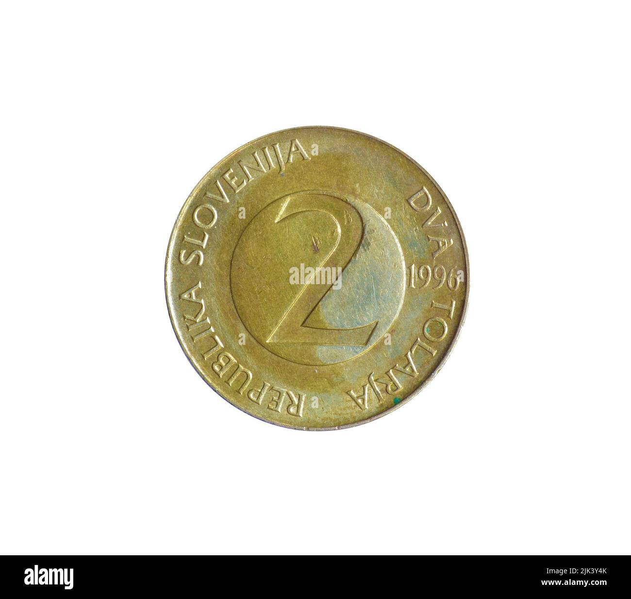 Zwei slowenische Tolar-Münzen, hergestellt von Slowenien, die numerischen Wert zeigen Stockfoto