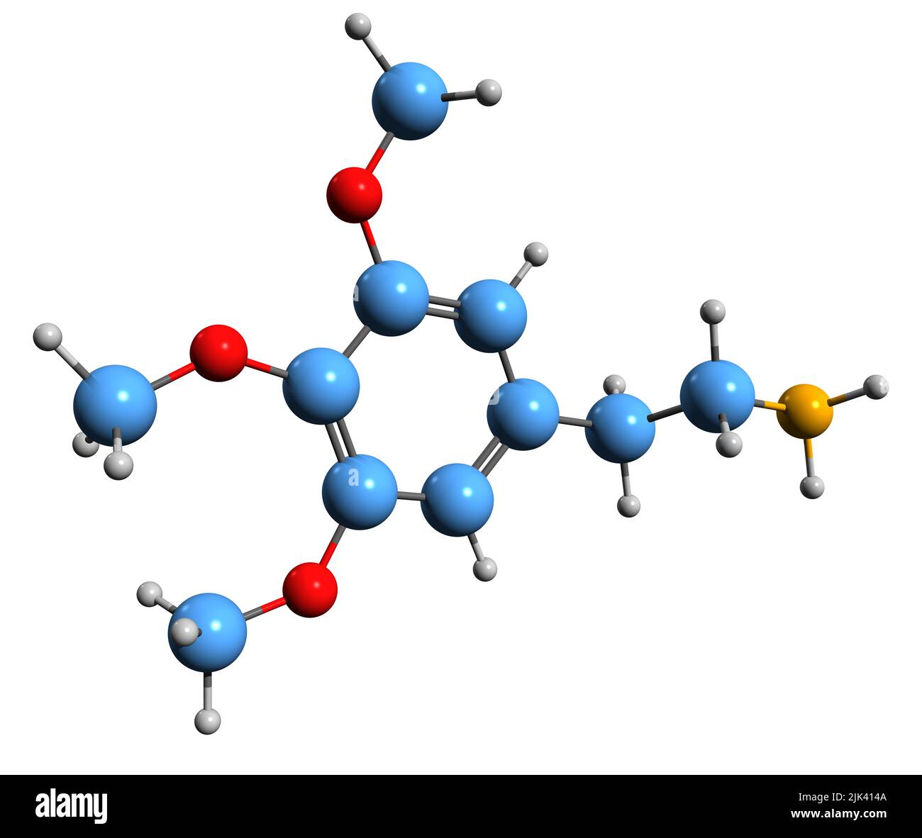 3D Bild der Skelettformel von Meskalin - molekularchemische Struktur eines natürlich vorkommenden psychedelischen Alkaloids, isoliert auf weißem Hintergrund Stockfoto