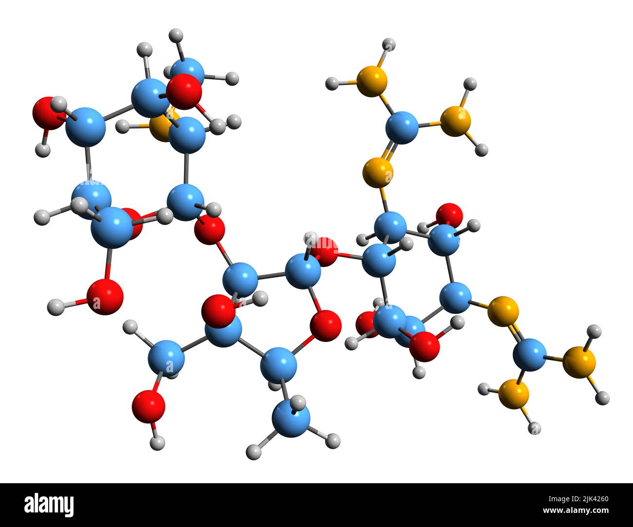 3D Bild der Skelettformel von Dihydrostreptomycin - molekularchemische Struktur des auf weißem Hintergrund isolierten Derivats von Streptomycin Stockfoto