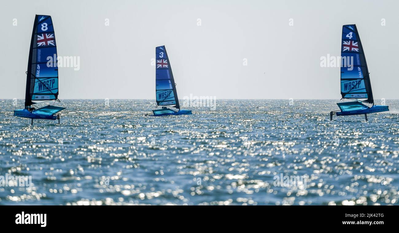 Plymouth, Großbritannien. 29.. Juli 2022. Wasp-Serie beim SailGP von Großbritannien in Plymouth, Großbritannien, am 29. Juli 2022. Foto von Phil Hutchinson. Nur zur redaktionellen Verwendung, Lizenz für kommerzielle Nutzung erforderlich. Keine Verwendung bei Wetten, Spielen oder Veröffentlichungen einzelner Clubs/Vereine/Spieler. Kredit: UK Sports Pics Ltd/Alamy Live Nachrichten Stockfoto