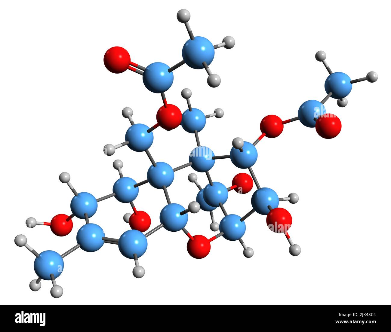 3D Bild der Skelettformel von Dihydroxydiacetoxyskirpenol - molekularchemische Struktur von Mykotoxin auf weißem Hintergrund isoliert Stockfoto