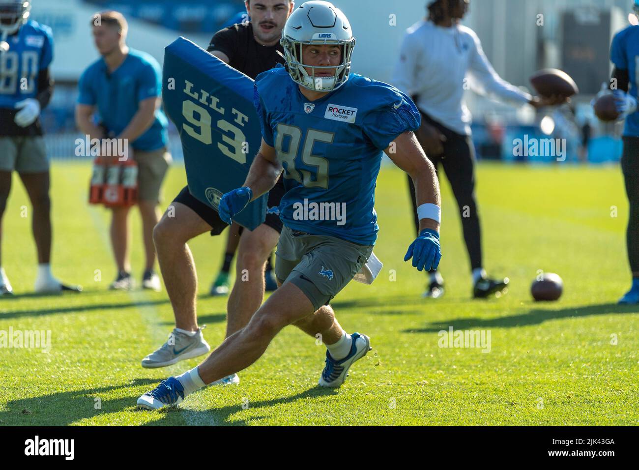 ALLEN PARK, MI - 30. JULI: Detroit Lions WR Tom Kennedy (85) während des Lions Trainingslagers am 30. Juli 2022 im Detroit Lions Trainingslager in Allen Park, MI (Foto: Allan Dranberg/CSM) Stockfoto