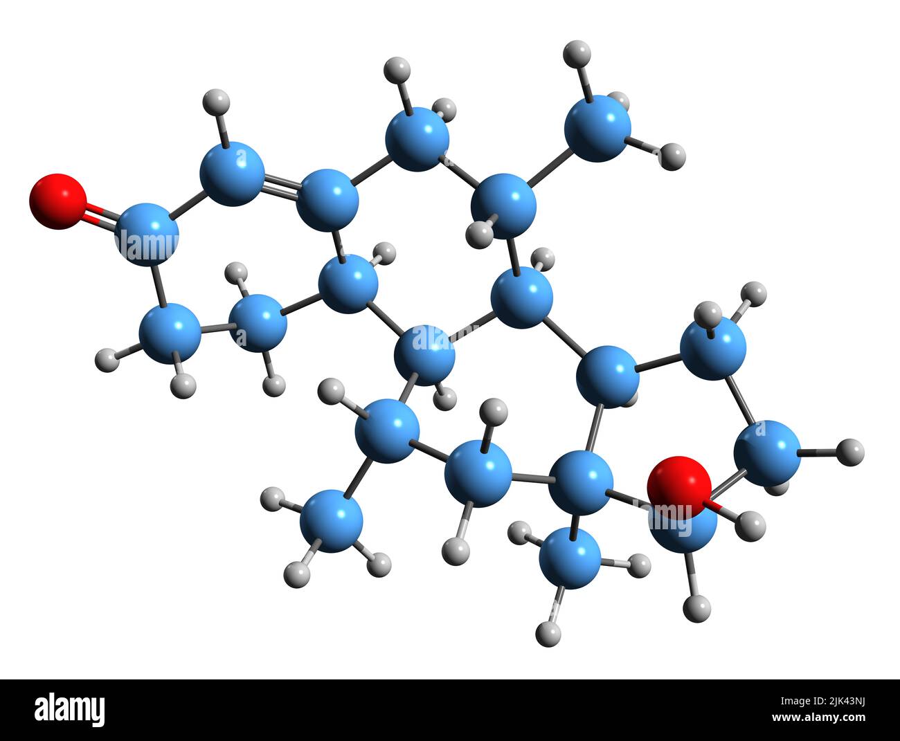 3D Bild der Skelettformel von Dimethandrolone - molekularchemische Struktur des männlichen Kontrazeptivums isoliert auf weißem Hintergrund Stockfoto