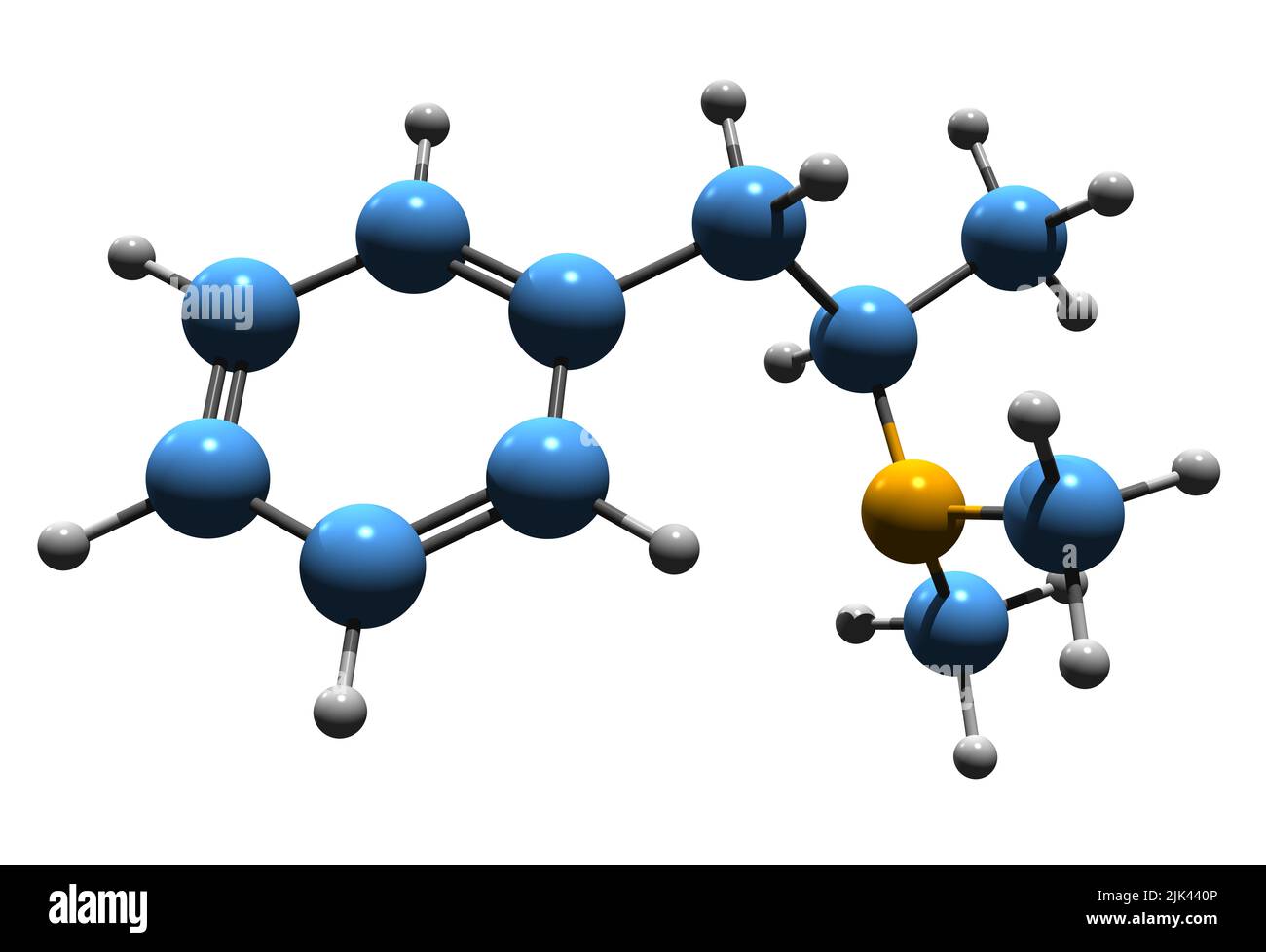 3D Aufnahme von Dimethylamphetamin Skelettformel - molekularchemische Struktur von Dimetamfetamin isoliert auf weißem Hintergrund Stockfoto