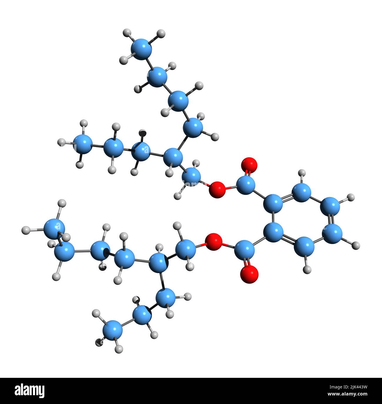 3D Bild der Skelettformel von Dioctyl Terephthalat - molekulare chemische Struktur von nicht-Phthalat-Weichmachern auf weißem Hintergrund isoliert Stockfoto