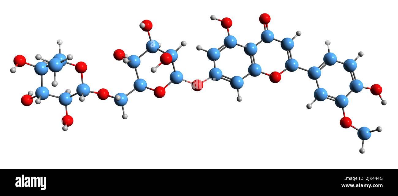 3D Aufnahme der Diosmin-Skelettformel - molekulare chemische Struktur von Diosmetin 7-O-rutinosid auf weißem Hintergrund isoliert Stockfoto