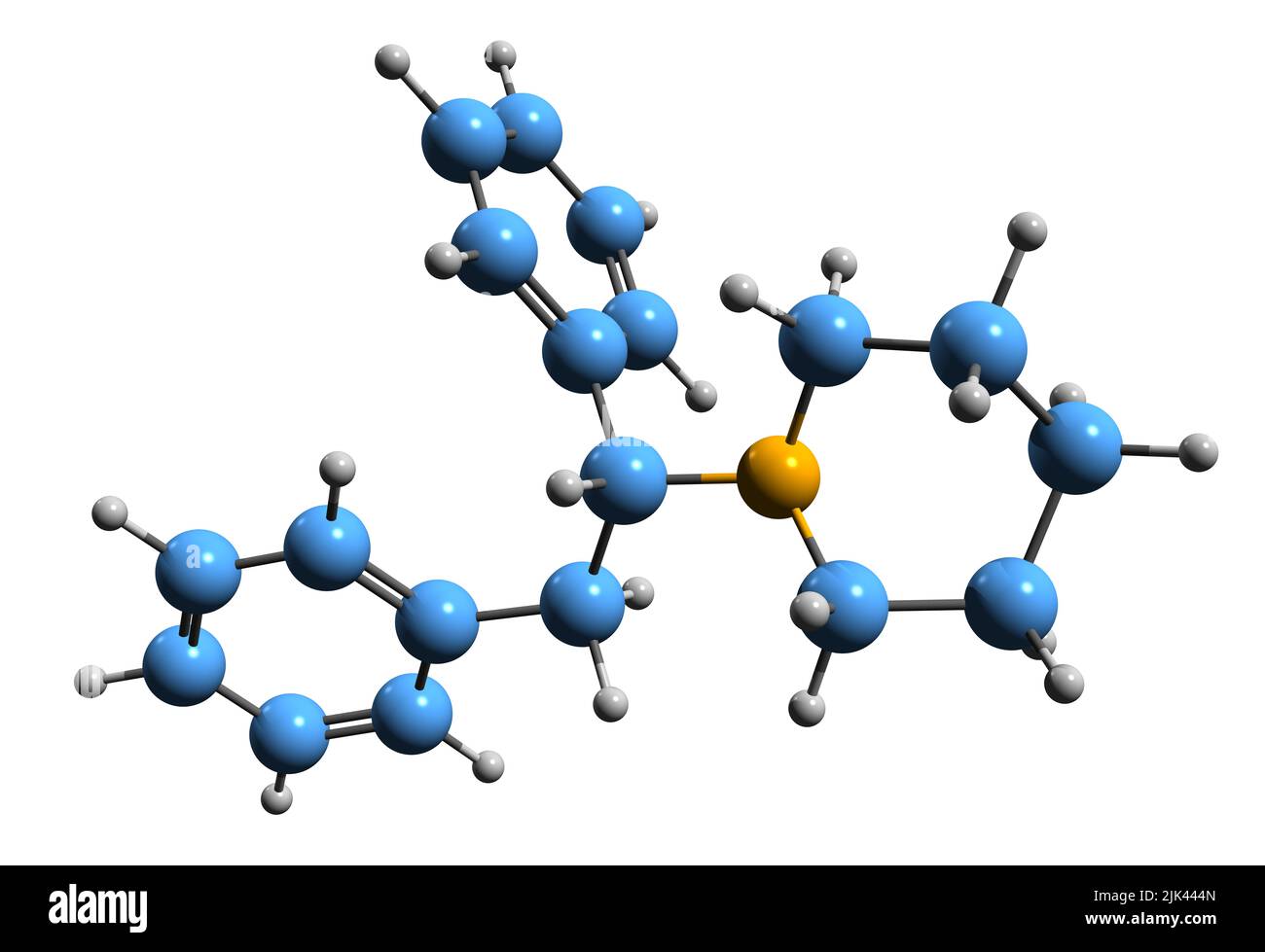 3D Bild der Diphenidin-Skelettformel - molekularchemische Struktur des dissoziativen Anorgans isoliert auf weißem Hintergrund Stockfoto