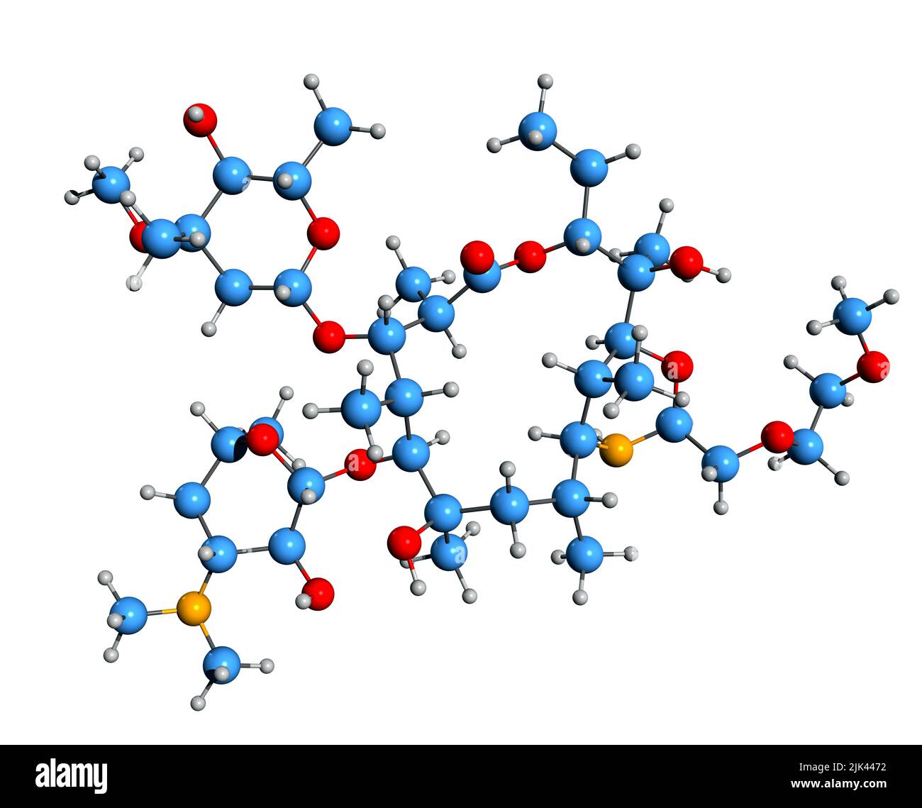 3D Bild der Skelettformel von Dirithromycin - molekulare chemische Struktur des Makrolid-Glycopeptid-Antibiotikums, isoliert auf weißem Hintergrund Stockfoto