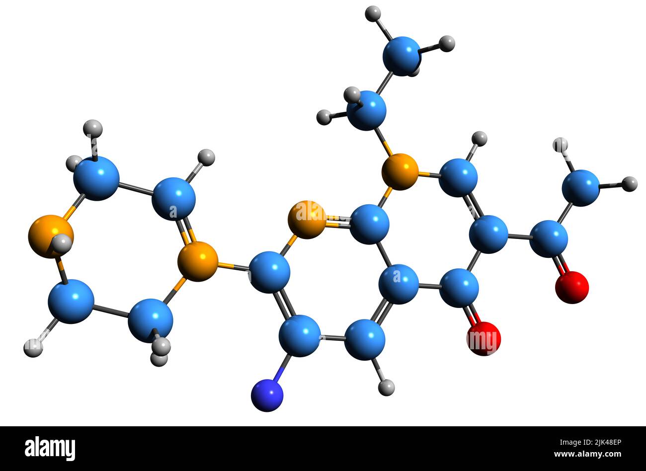 3D Bild der Skelettformel von Enoxacin - molekulare chemische Struktur des antibakteriellen Fluorchinolon-mittels auf weißem Hintergrund isoliert Stockfoto