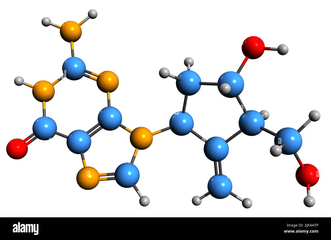 3D Bild der Entecavir-Skelettformel - molekularchemische Struktur antiviraler Medikamente isoliert auf weißem Hintergrund Stockfoto