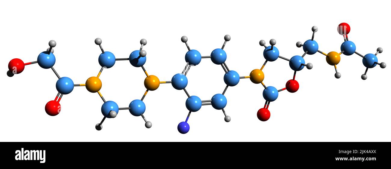 3D Bild der Skelettformel von Eperezolid - molekulare chemische Struktur des Oxazolidinon-Antibiotikums, isoliert auf weißem Hintergrund Stockfoto