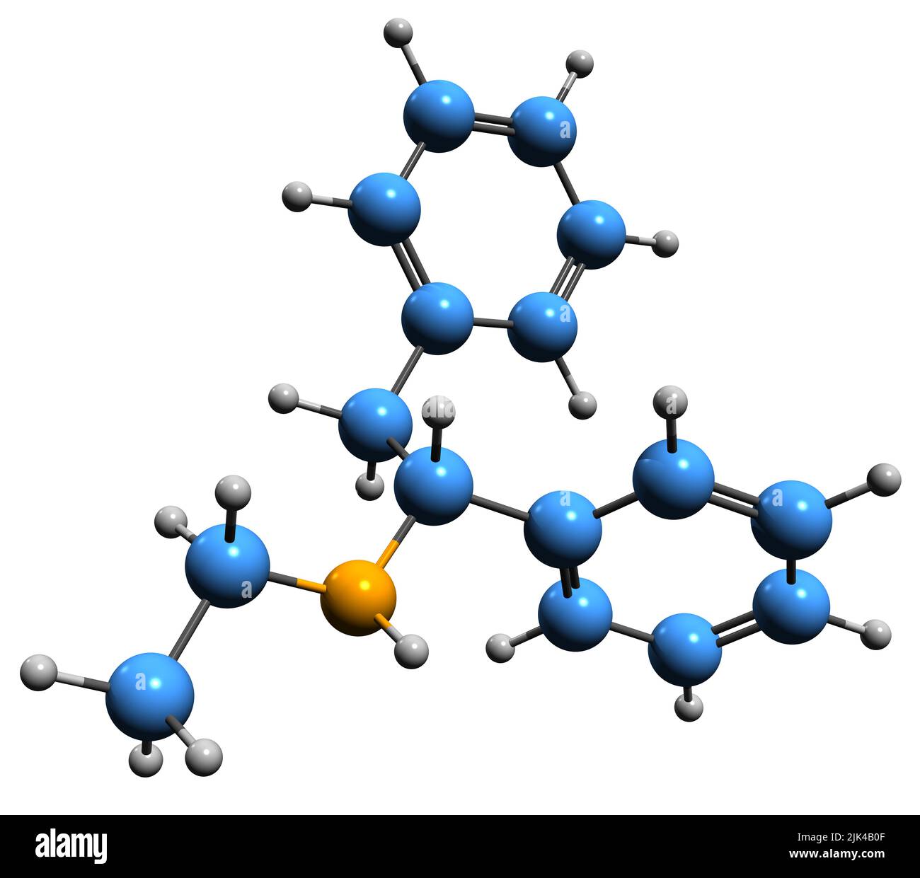 3D Bild der Ephenidin-Skelettformel - molekularchemische Struktur des dissoziativen Anbaus isoliert auf weißem Hintergrund Stockfoto