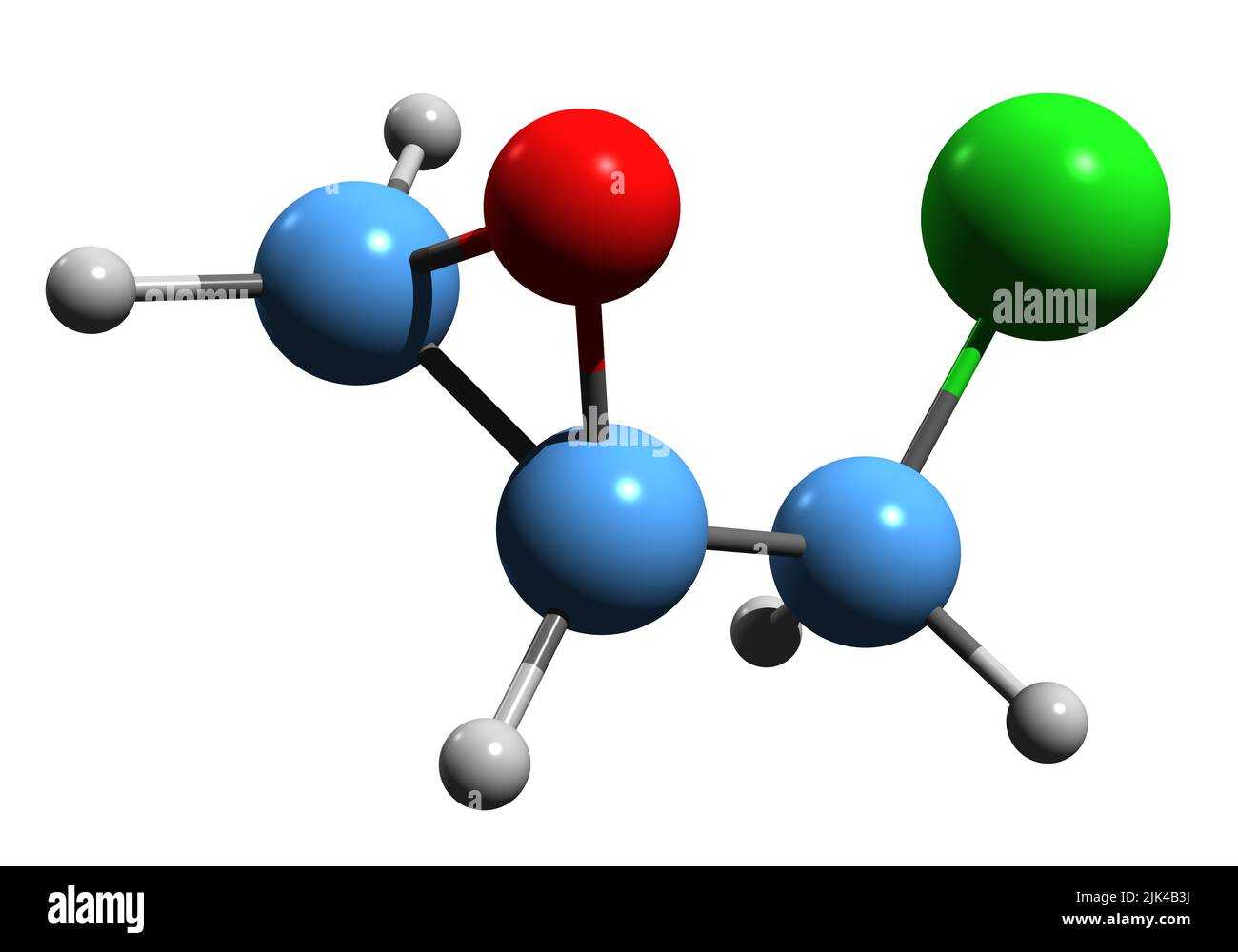 3D Bild der Skelettformel von Epichlorohydrin - molekulare chemische Struktur der Organochlorverbindung auf weißem Hintergrund isoliert Stockfoto